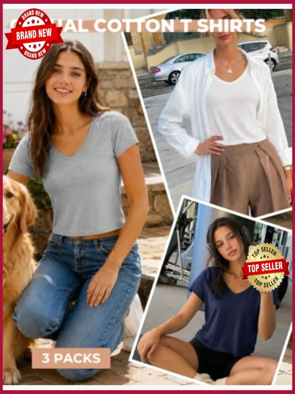3 Pack V Neck Crop Tops Slub Cotton Short Sleeve Tee Summer Fashion Basic T_2